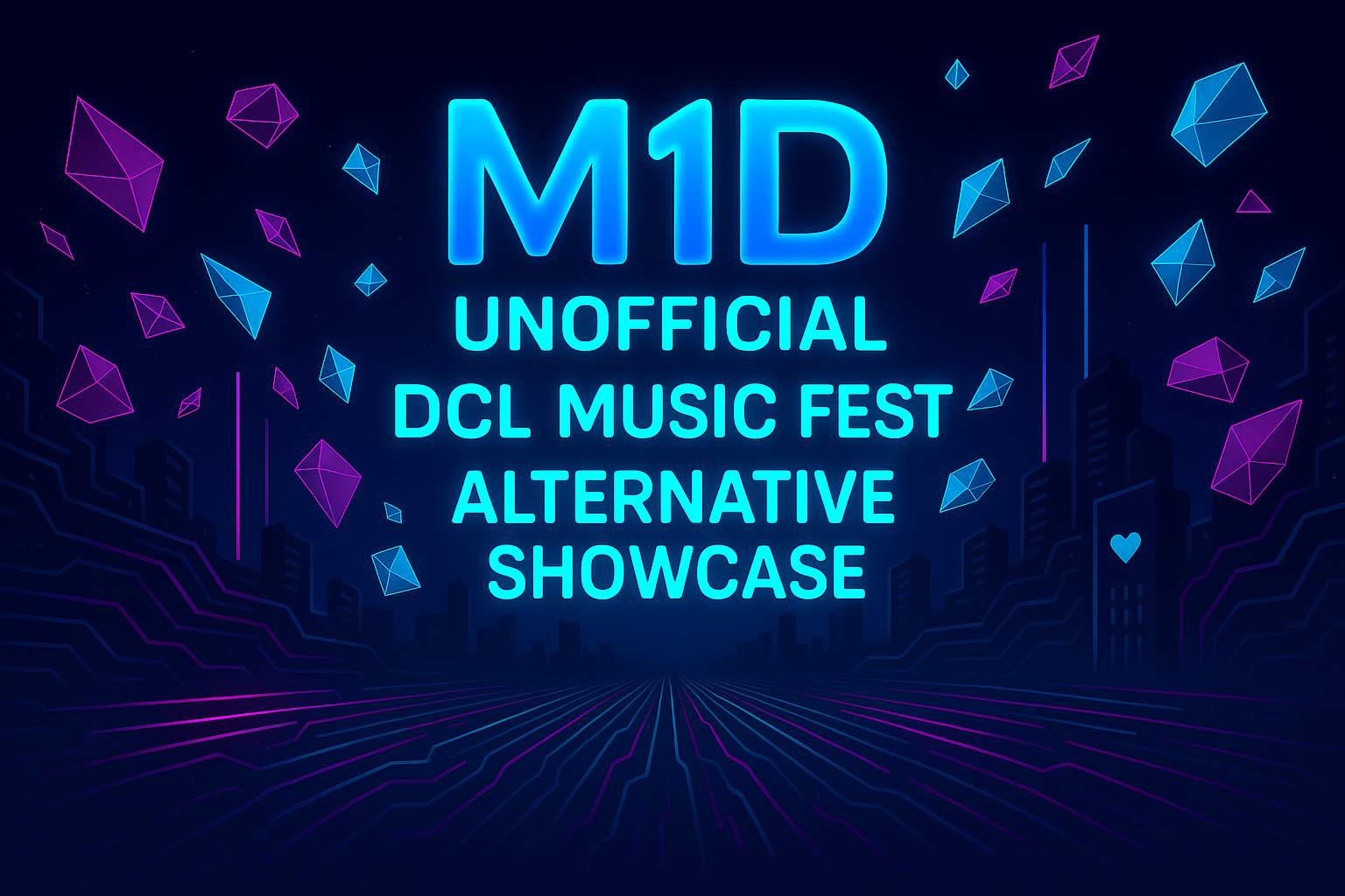 A vibrant banner for the M1D Unofficial Showcase, depicting a futuristic stage ready for performance in the metaverse.